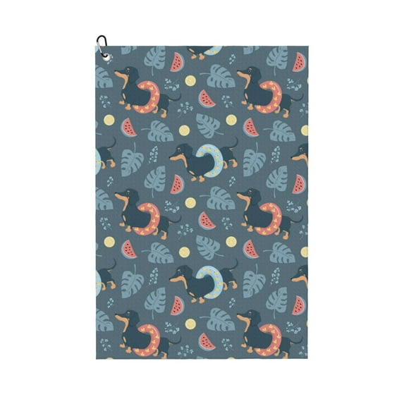 Kdxio Watermelons Dachshunds Pattern Golf Towel (24" X 16") with Carabiner Clip - The Convenient Golf Cleaning Towel