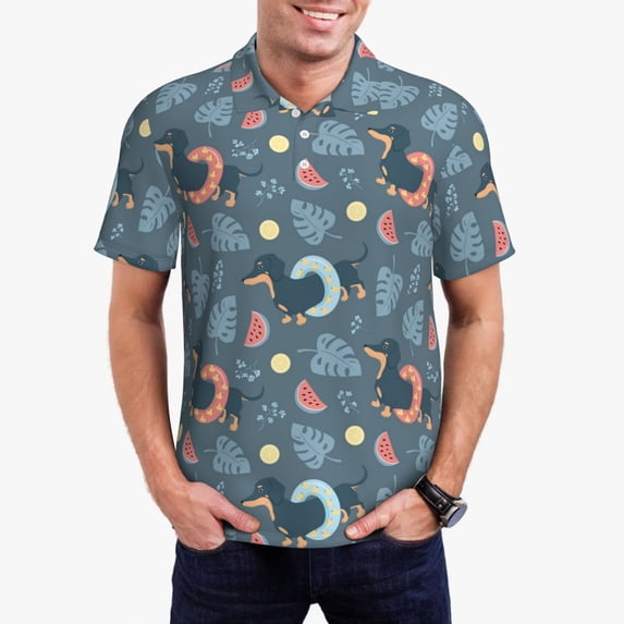 Kdxio Watermelons Dachshunds Print Men's Short Sleeve Polo Shirt,Midweight Men's Shirt