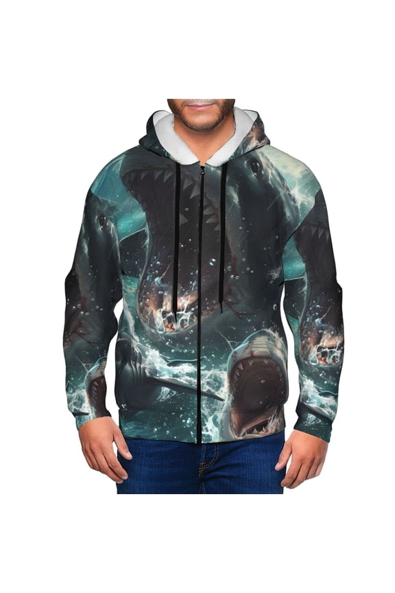 Wave Ocean Animal Shark Print Men Hoodies Casual Hoodies for Men with Zip Pockets Full Zip Long Sleeve Sweatshirt Sports Hooded Jacket-XX-Large