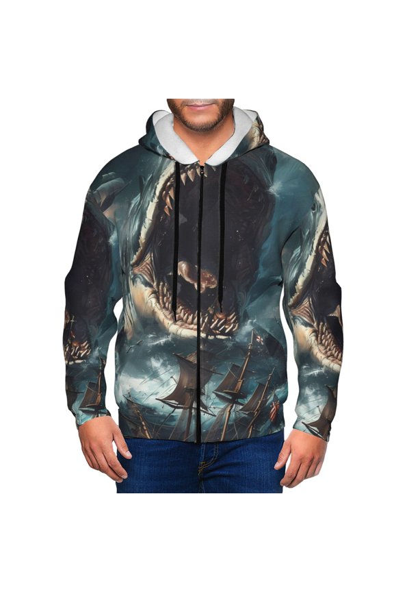 Wave Sailboat Shark Print Men Hoodies Casual Hoodies for Men with Zip Pockets Full Zip Long Sleeve Sweatshirt Sports Hooded Jacket-X-Large
