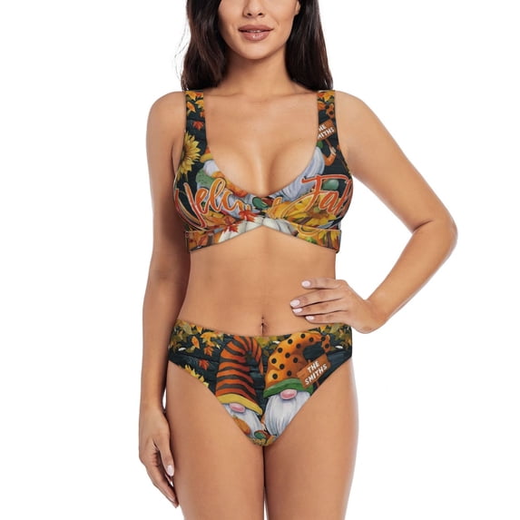 Kdxio Welcom Fall Print Women's 2 Piece High Waisted Wrap Spaghetti Strap Summer Swimsuit Bikini Set-X-Large