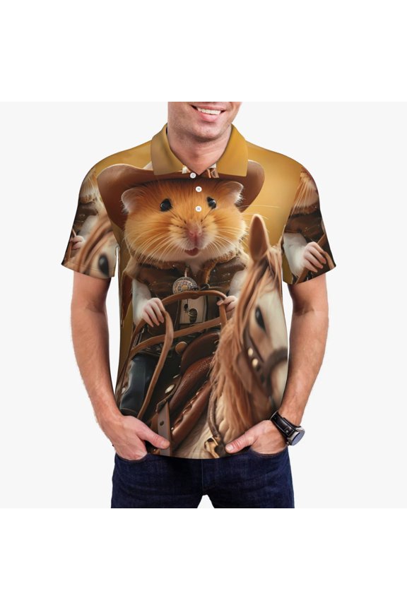 Western Cowboy Guinea Pig Print Men's Short Sleeve Polo Shirt,Midweight Men's Shirt