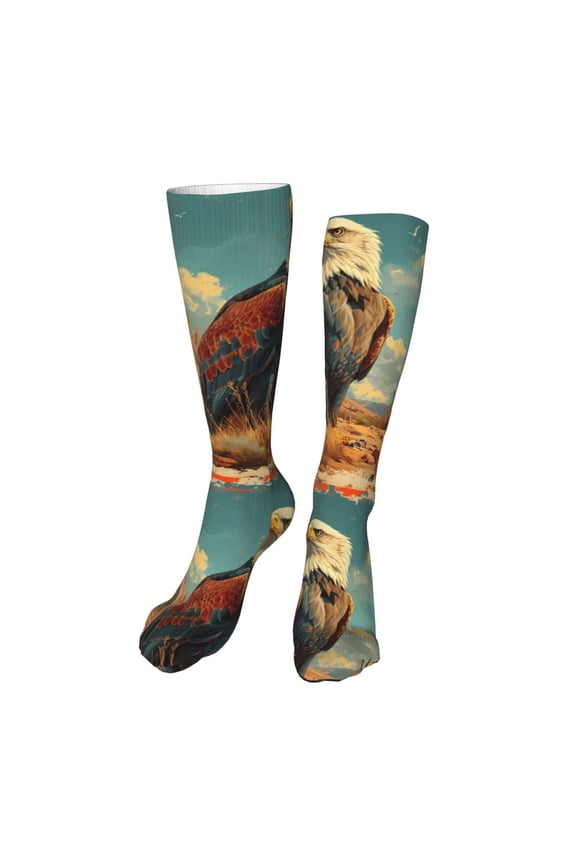 Western Desert Cactus Bald Eagle Funny Silky Novelty Funky Long Knee High Socks Soft 3D Print Cosplay Crazy Stockings for Men Women