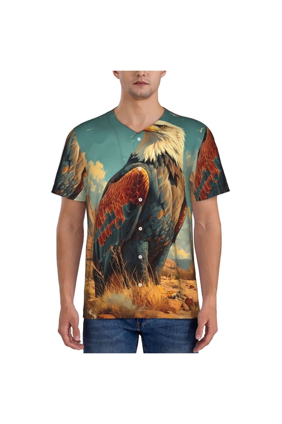 Western Desert Cactus Bald Eagle Mens T-Shirts Baseball Vintage Fashionable Lightweight Casual Crew Neck Slim Fit with Long Sleeves-Large