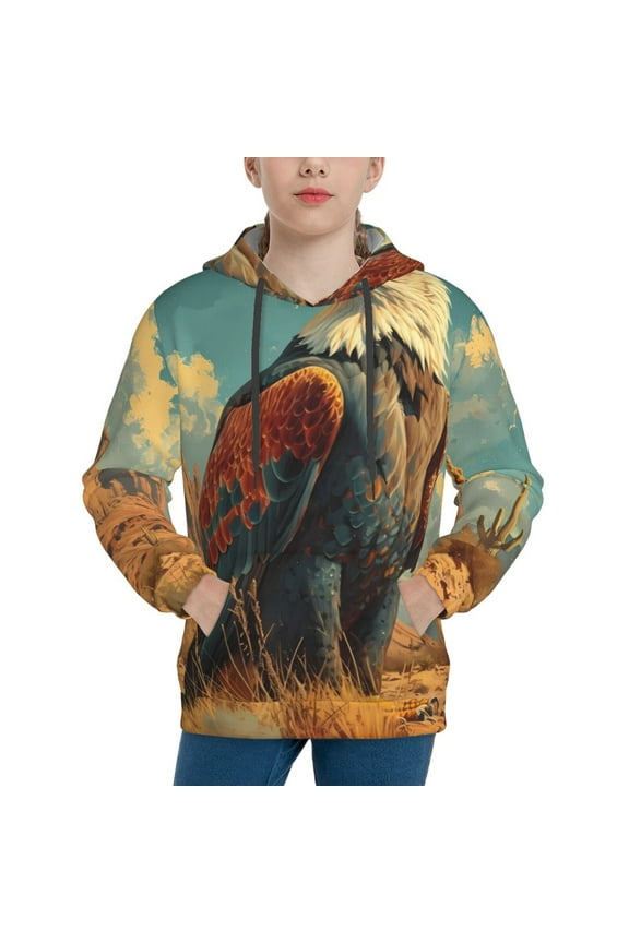 Western Desert Cactus Bald Eagle Pattern Boys Athletic Unisex Boys Girls Hoodie with Pocket Sweatshirts-Large