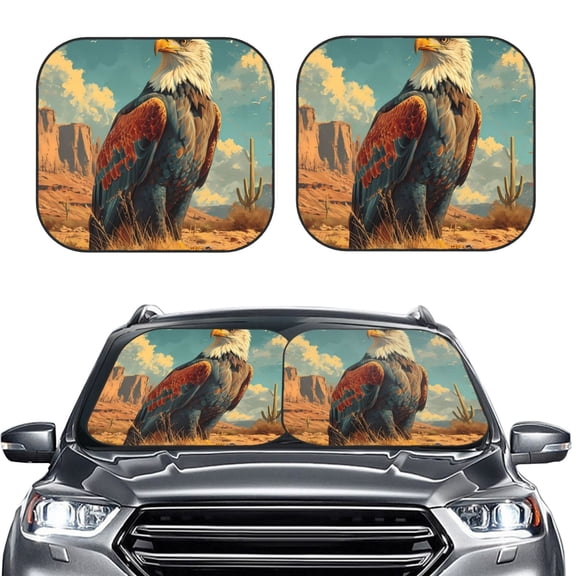 Kdxio Western Desert Cactus Bald Eagle Print 2-Piece Sun Shade Front Windshield - Foldable Car Front Window Sunshades for Most Sedans SUV Truck