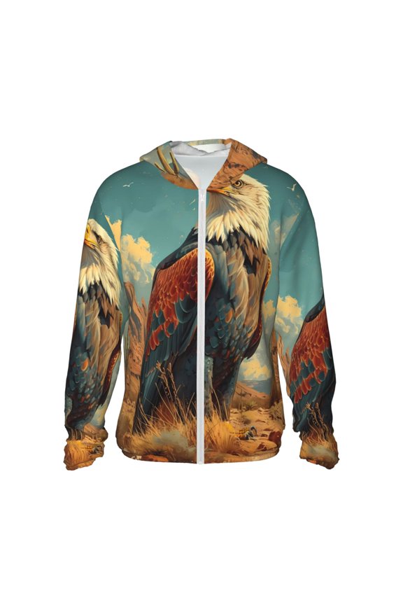 Western Desert Cactus Bald Eagle Print Women Men Sun Protection UPF 50+ Jackets Zip Up Long Sleeve Hoodie Hiking Lightweight with Pockets