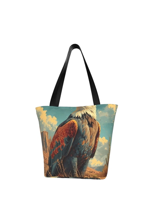 Western Desert Cactus Bald Eagle Women Reusable Grocery Bags Foldable Ripstop,Reusable Shopping Bags for Shopping,Gym,Gift