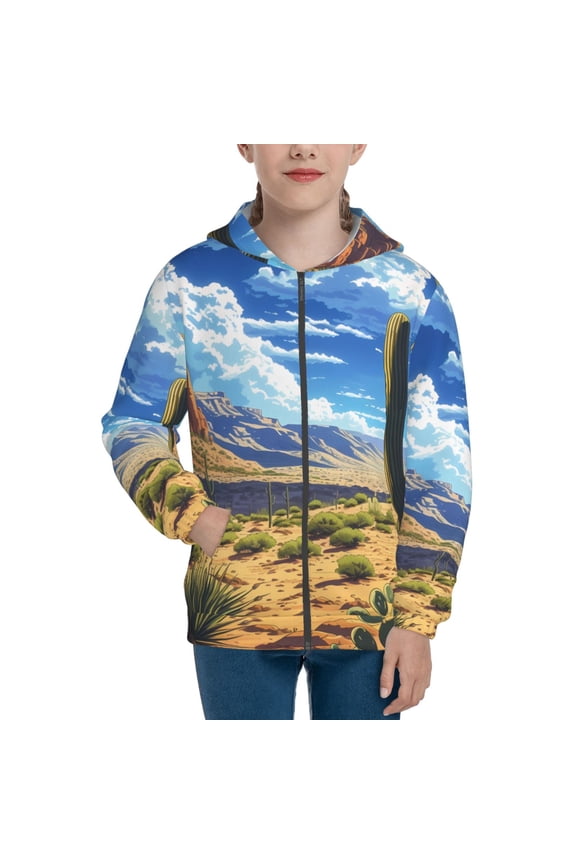 Western Desert Cactus Pattern Kids Boys Girls Zip Up Hoodie 3D Printed Hooded Sweatshirt Hoody Coat with Pocket 7-12 Y-Small