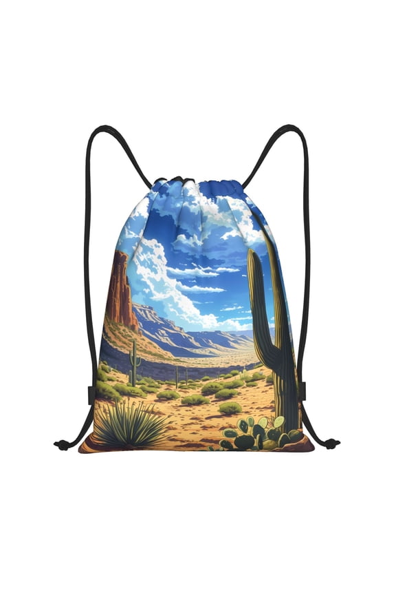 Western Desert Cactus Print Drawstring Backpack Bag,Waterproof Draw String Back Sack, Gym Drawstring Bags Swim Bag For Unisex