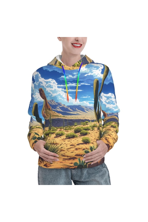 Western Desert Cactus Print Womens Oversized Hoodies Sweatshirts Hooded Pullover Tops Sweaters Casual-Medium