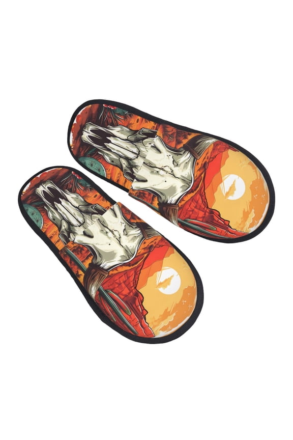 Western Desert Cactus Ram Skull Pattern Slippers for Women Memory Foam Fuzzy House Slippers Bedroom Non-slip Warm Womens Slippers