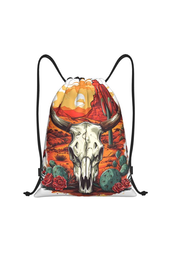 Western Desert Cactus Ram Skull Print Drawstring Backpack Bag,Waterproof Draw String Back Sack, Gym Drawstring Bags Swim Bag For Unisex
