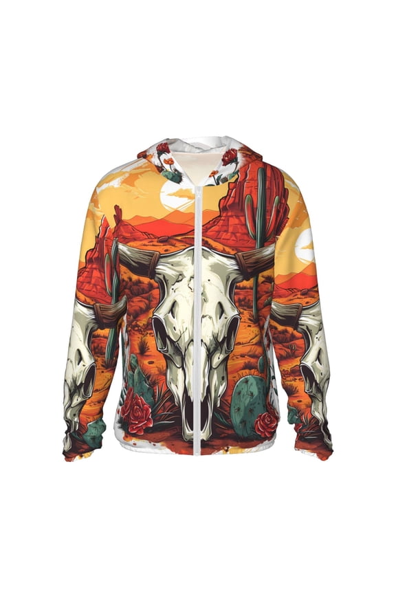 Western Desert Cactus Ram Skull Print Women Men Sun Protection UPF 50+ Jackets Zip Up Long Sleeve Hoodie Hiking Lightweight with Pockets