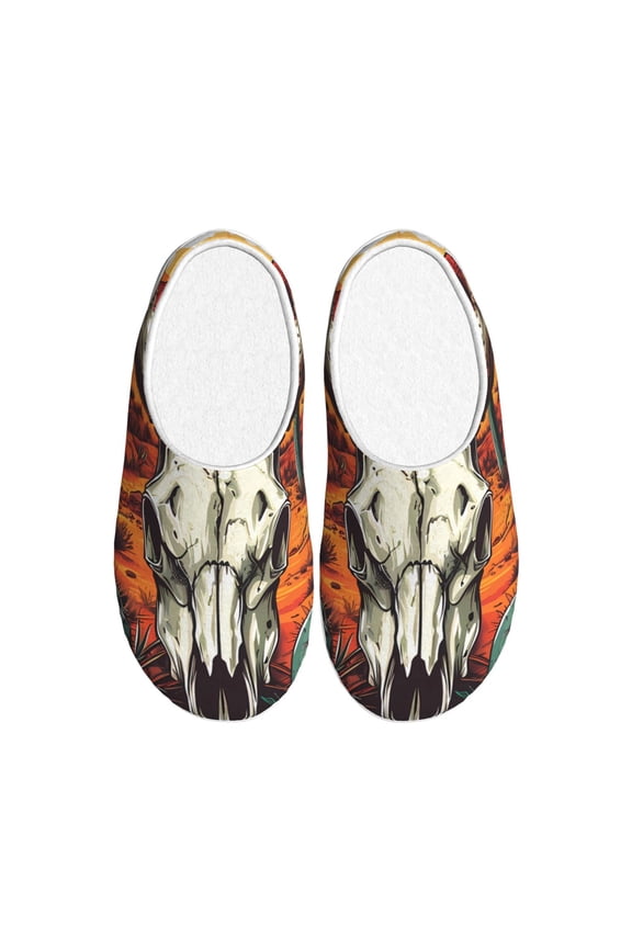 Western Desert Cactus Ram Skull Women's Men's Slippers Plush Slip-On House Slipper for Winter Indoor Soft Cushion Non-slip Fluffy Slides Slippers-37/38