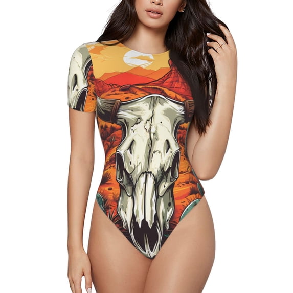 Kdxio Western Desert Cactus Ram Skull for Women's Short-Sleeved Onesie Stylish Round Neck Pajamas Bodysuit Jumpsuit Nightwear-XX-Large