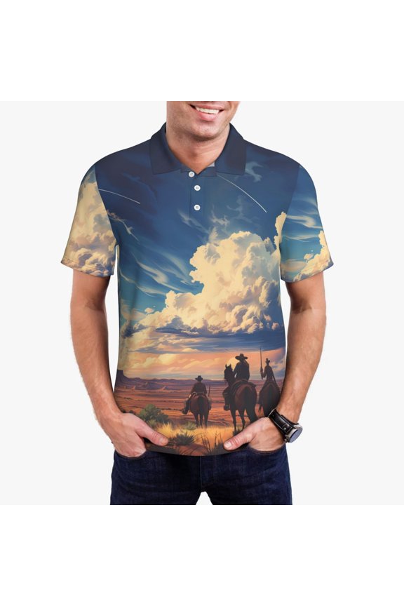 Western Desert Cloud Cowboy Print Men's Short Sleeve Polo Shirt,Midweight Men's Shirt