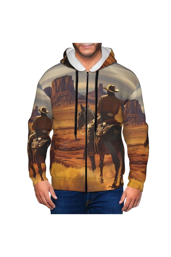 Western Desert Cowboy Cloud Print Men Hoodies Casual Hoodies for Men with Zip Pockets Full Zip Long Sleeve Sweatshirt Sports Hooded Jacket-Small