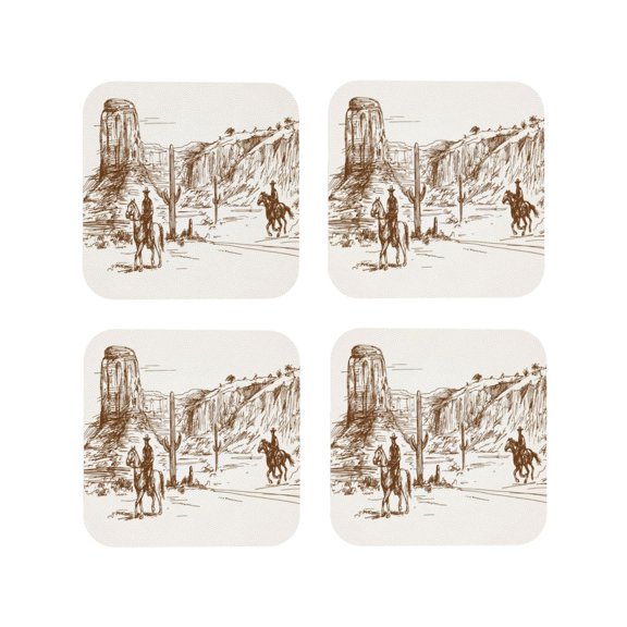 Kdxio Western Desert Cowboys Funny Coasters,4 Pcs Leather Coasters,Housewarming Gifts,Protect Furniture From Water Marks Scratch And Damage