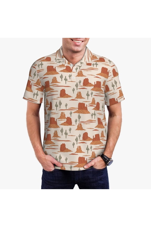 Western Desert Nature Landscape Print Men's Short Sleeve Polo Shirt,Midweight Men's Shirt-XX-Large