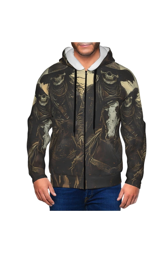 Western Desert Skull Cowboy Print Men Hoodies Casual Hoodies for Men with Zip Pockets Full Zip Long Sleeve Sweatshirt Sports Hooded Jacket-Large