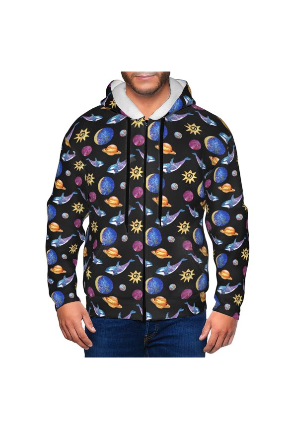 Whales In Space Print Men Hoodies Casual Hoodies for Men with Zip Pockets Full Zip Long Sleeve Sweatshirt Sports Hooded Jacket-XX-Large