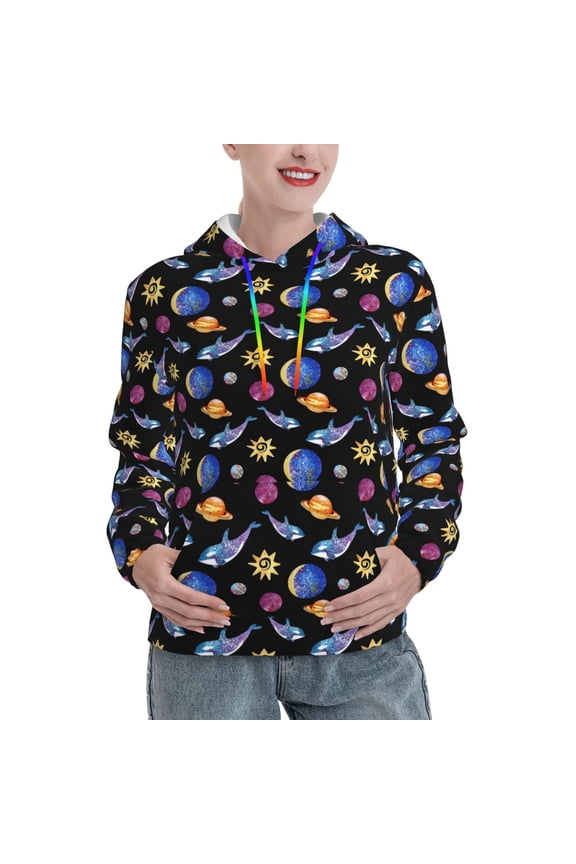 Whales In Space Print Womens Oversized Hoodies Sweatshirts Hooded Pullover Tops Sweaters Casual-Small