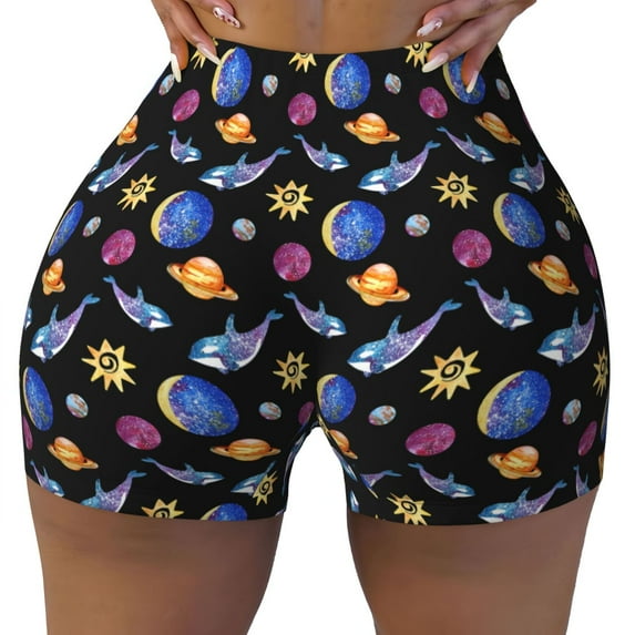 Kdxio Whales In Space Print Workout Shorts for Women Seamless Soft Smooth Gym Yoga Scrunch Active Shorts