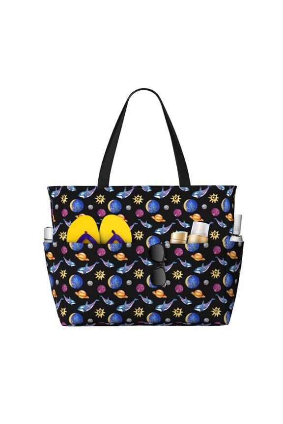 Whales In Space for Beach Bag for Women Large Beach Tote Bag Waterproof Sandproof Swim Bag with Zipper Pockets Beach Vacation Travel