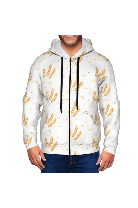 Wheat Print Men Hoodies Casual Hoodies for Men with Zip Pockets Full Zip Long Sleeve Sweatshirt Sports Hooded Jacket-Large