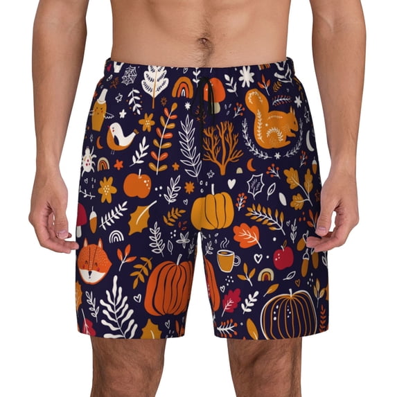 Kdxio Whimsical Autumn Forest Print Men's Swim Trunks with Compression Liner 7 Inch Inseam Quick Dry Swim Shorts