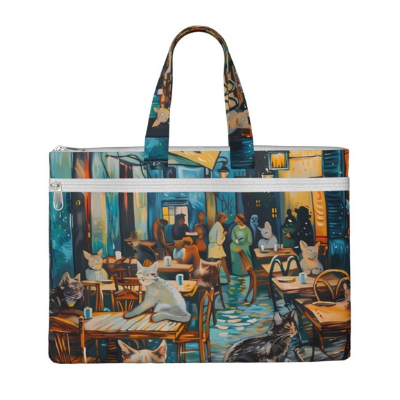 Kdxio Whimsical Cats Night Cafe File Tote Document Bag Business Briefcase Bag Document Organizer Tote Briefcase for Letter A4 Files Business Teacher Office Bag