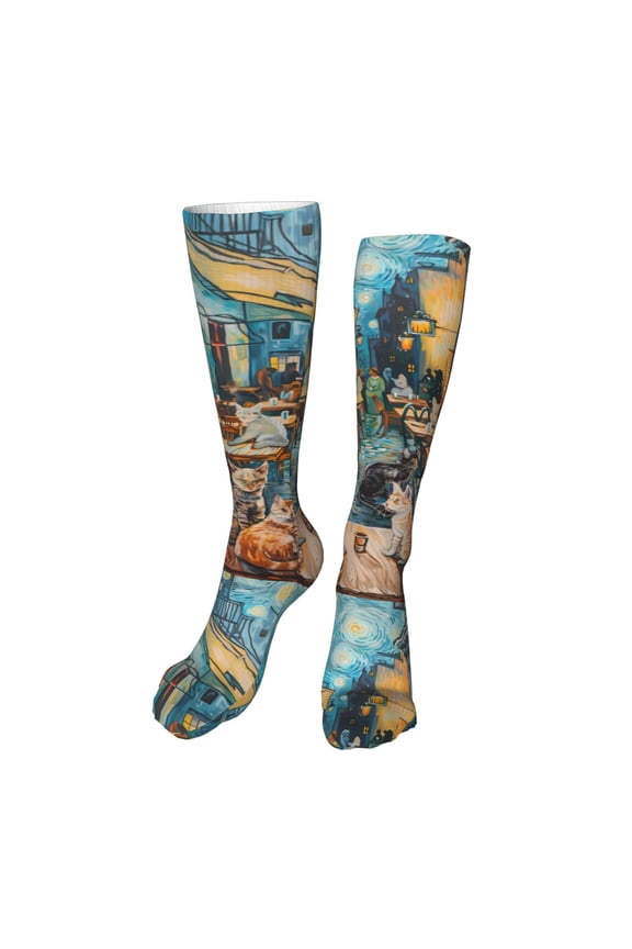 Whimsical Cats Night Cafe Funny Silky Novelty Funky Long Knee High Socks Soft 3D Print Cosplay Crazy Stockings for Men Women