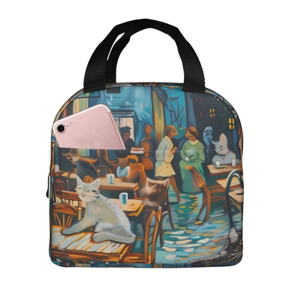 Kdxio Whimsical Cats Night Cafe Print Insulated Lunch Bag,Reusable Tote Lunch Box for Women Men,Leakproof Cooler Lunch Bags for Work Office Travel Picnic