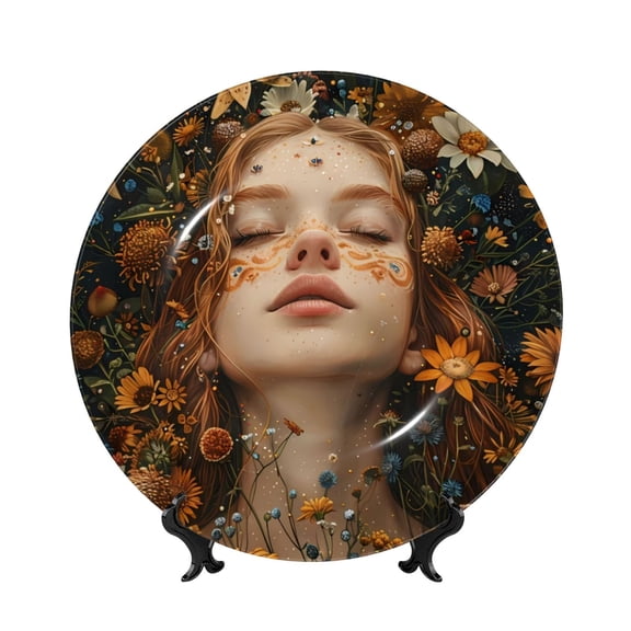 Kdxio Whimsical Flower Crown Maiden Bone China Decorative Plate Ceramic Decorative Plate for Home Office Wall Stand Decorative Plates for Home Bedroom-8in