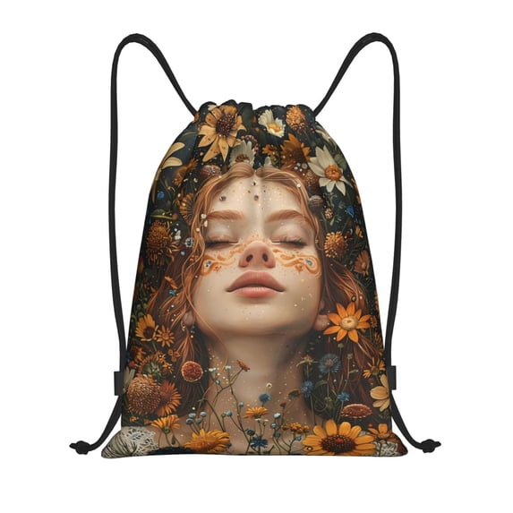 Kdxio Whimsical Flower Crown Maiden Print Drawstring Backpack Bag,Waterproof Draw String Back Sack, Gym Drawstring Bags Swim Bag For Unisex