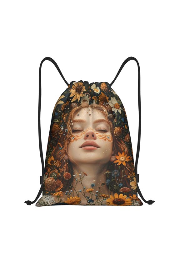 Whimsical Flower Crown Maiden Print Drawstring Backpack Bag,Waterproof Draw String Back Sack, Gym Drawstring Bags Swim Bag For Unisex