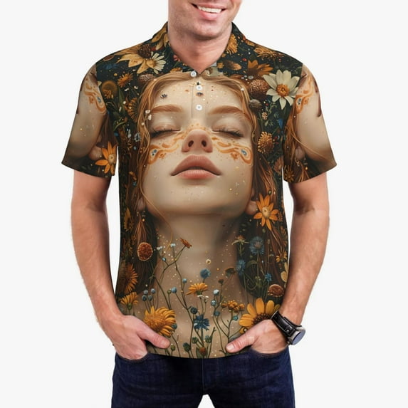 Kdxio Whimsical Flower Crown Maiden Print Men's Short Sleeve Polo Shirt,Midweight Men's Shirt-4X-Large