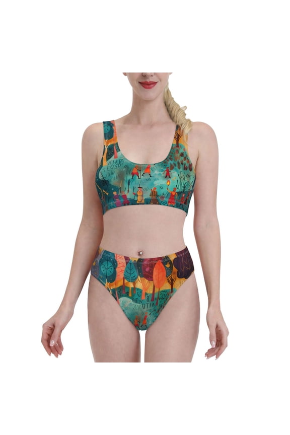 Whimsical Forest Scene for Womens High Waisted Bikini Top Sports Style Two Piece Bathing Suits