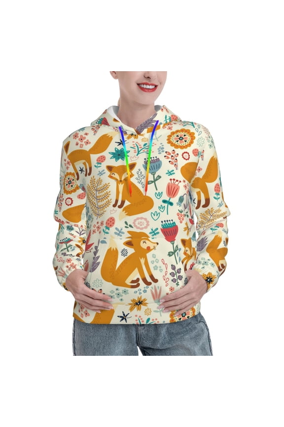 Whimsical Fox Floral Garden Print Womens Oversized Hoodies Sweatshirts Hooded Pullover Tops Sweaters Casual-Medium