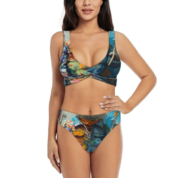 Kdxio Whimsical Goat Artist Print Women's 2 Piece High Waisted Wrap Spaghetti Strap Summer Swimsuit Bikini Set-Large