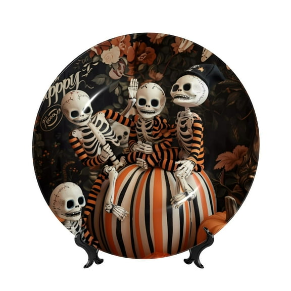 Kdxio Whimsical Halloween Skeletons Bone China Decorative Plate Ceramic Decorative Plate for Home Office Wall Stand Decorative Plates for Home Bedroom-7in