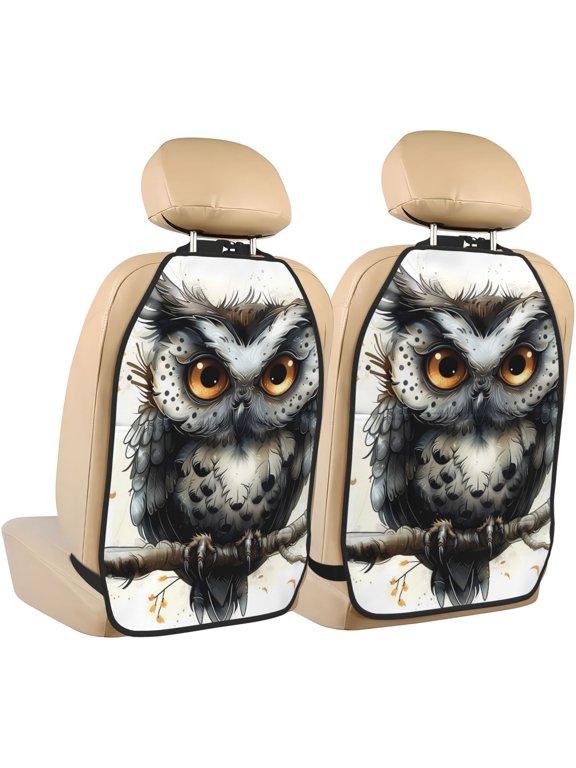 Whimsical Owl On Branch Print 2 Pack Car Kick Mat Seat Cover Back Protector Mat with Pockets for Organizer Backseat Protector and Storage Anti Kick Pad for Vehicles
