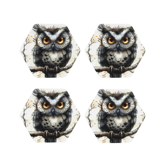 Kdxio Whimsical Owl On Branch Funny Coasters,4 Pcs Leather Coasters,Housewarming Gifts,Protect Furniture from Water Marks Scratch and Damage