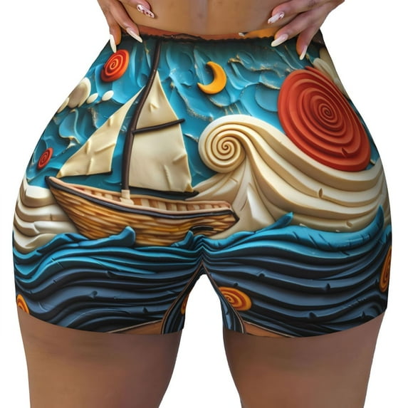 Kdxio Whimsical Sailboat Ocean Art Print Workout Shorts for Women Seamless Soft Smooth Gym Yoga Scrunch Active Shorts