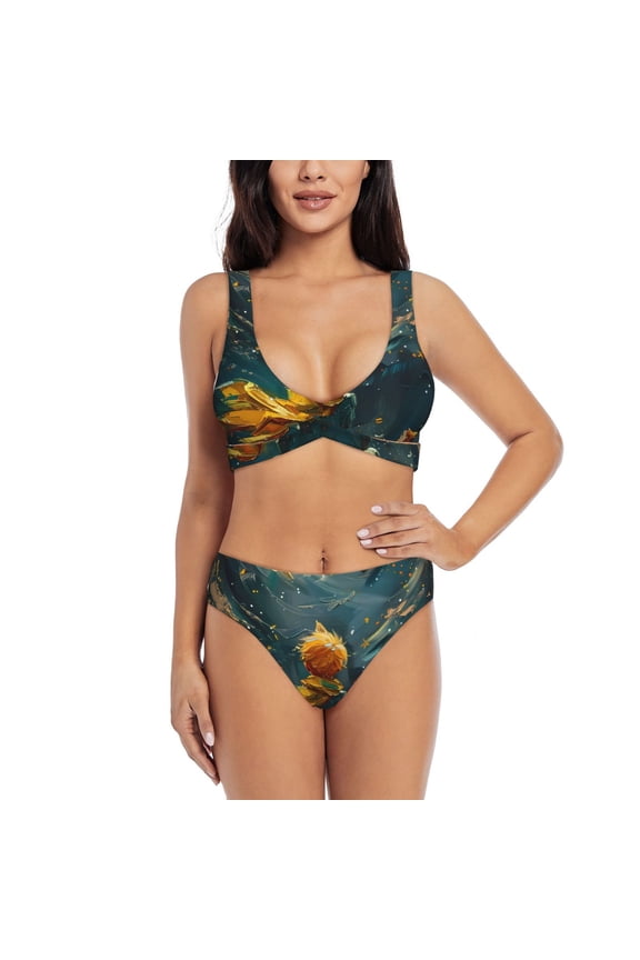 Whimsical Starry Night Scene Print Women's 2 Piece High Waisted Wrap Spaghetti Strap Summer Swimsuit Bikini Set-Large