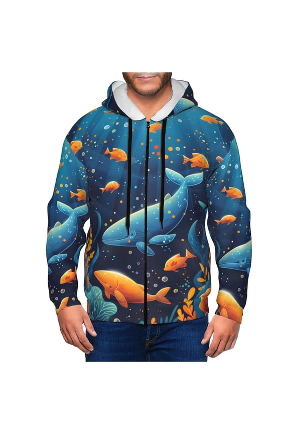 Whimsical Underwater Fantasy Print Men Hoodies Casual Hoodies for Men with Zip Pockets Full Zip Long Sleeve Sweatshirt Sports Hooded Jacket-Large