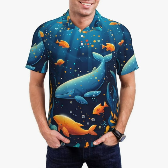 Kdxio Whimsical Underwater Fantasy Print Men's Short Sleeve Polo Shirt,Midweight Men's Shirt-Large