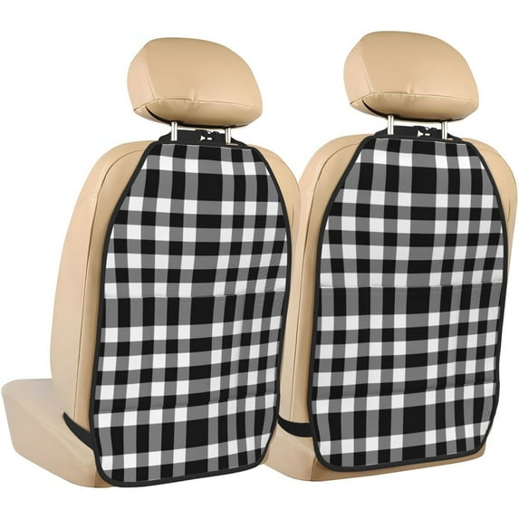 Kdxio White And Black Plaid Print 2 Pack Car Kick Mat Seat Cover Back Protector Mat with Pockets for Organizer Backseat Protector and Storage Anti Kick Pad for Vehicles