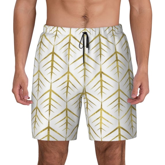 Kdxio White And Gold Geometry Print Men'S Swim Trunks With Compression Liner 7 Inch Inseam Quick Dry Swim Shorts